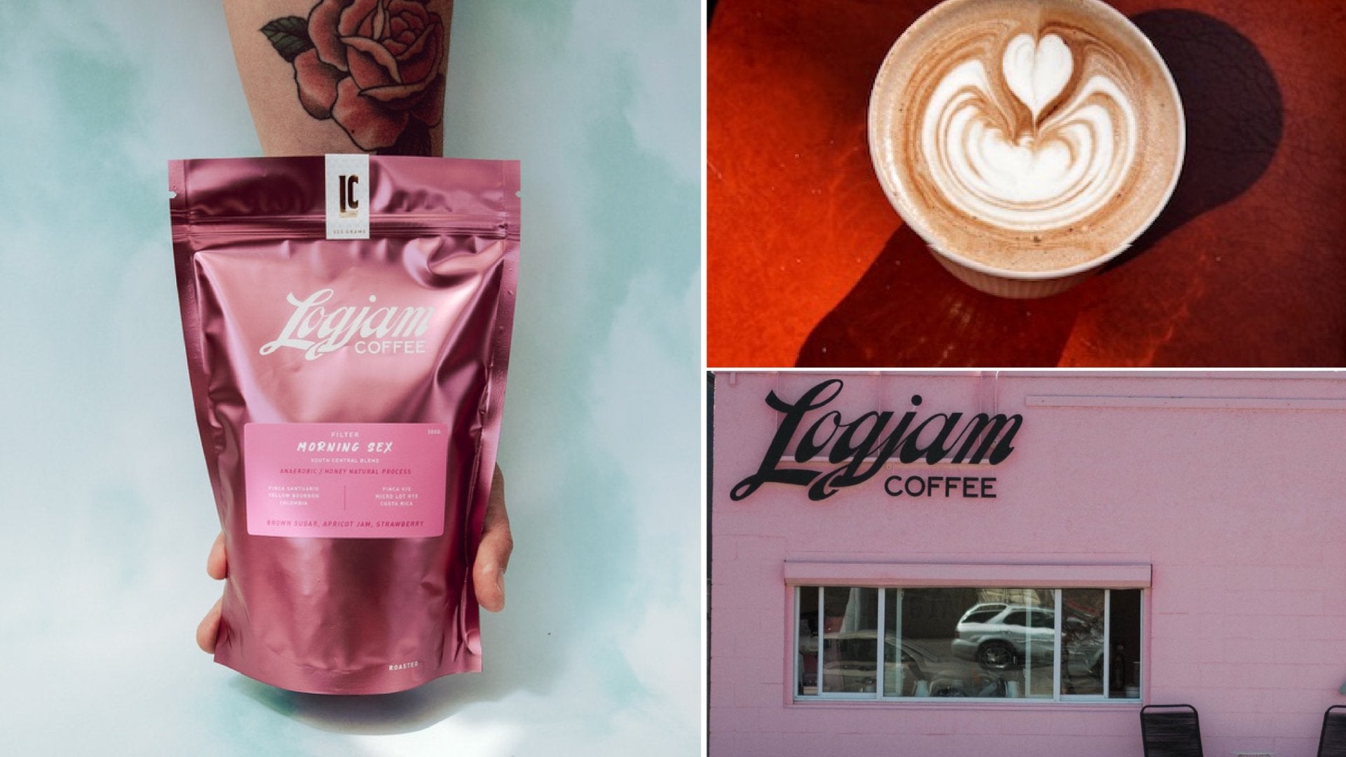 Collage of Logiam Coffee packaging, a coffee cup with latte art, and the coffee shop exterior.